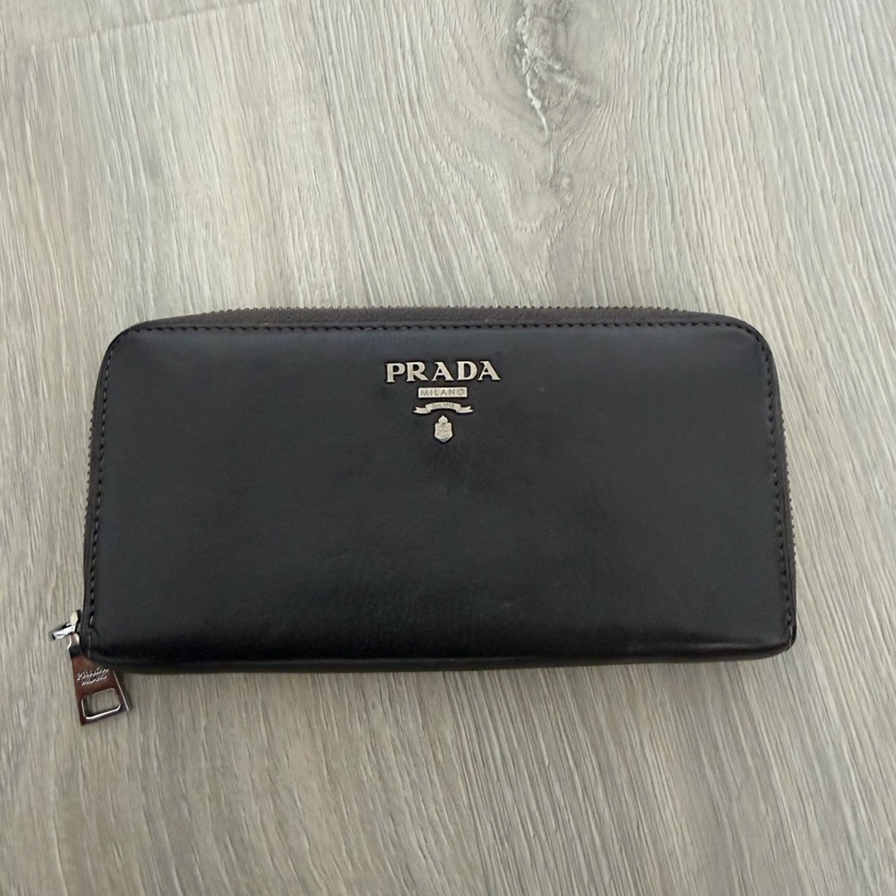 Grey Prada Leather Wallet with silver detail